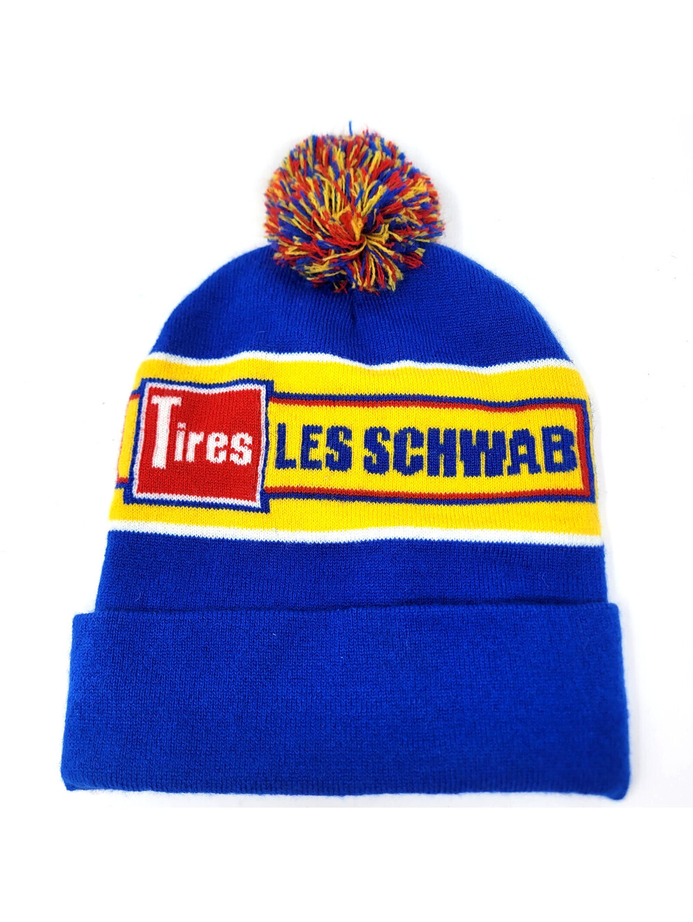 Vintage Les Schwab Tires Knit Pom Beanie Hat Blue Gold Workwear Made in USA Cap